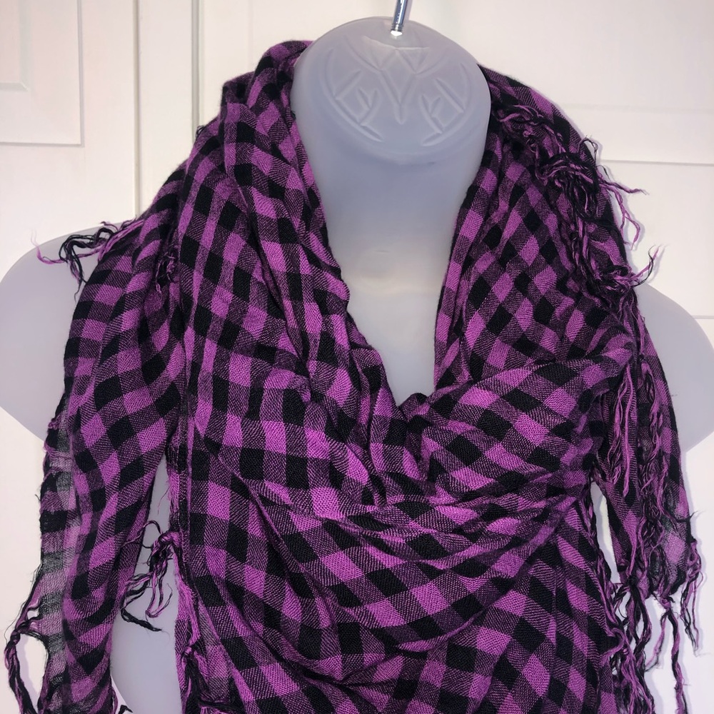 4/$25 Purple & Black Gingham Square Tassel Scarf - Picture 4 of 5